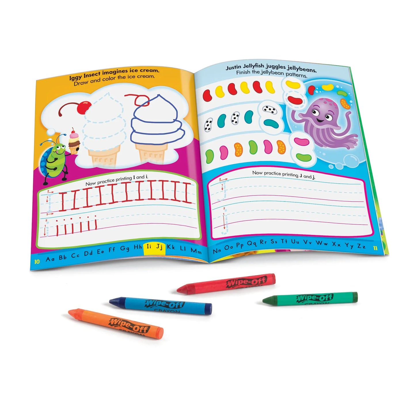 Pages focus on tracing and writing letters like "I" and activities (connecting lines to make an ice cream cone).