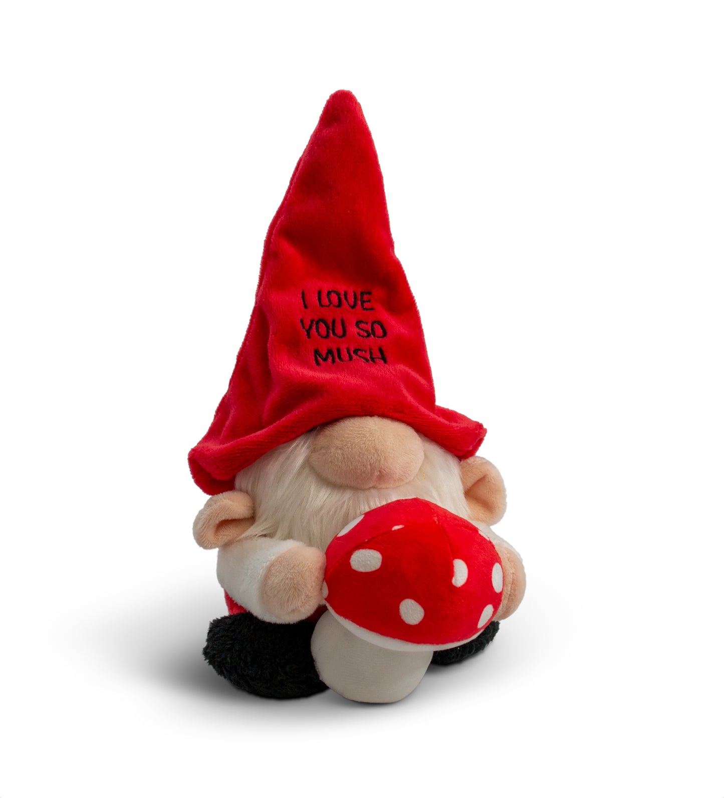 A plush gnome holding a mushroom with a red hat that reads "I love you so mush" on the hat.