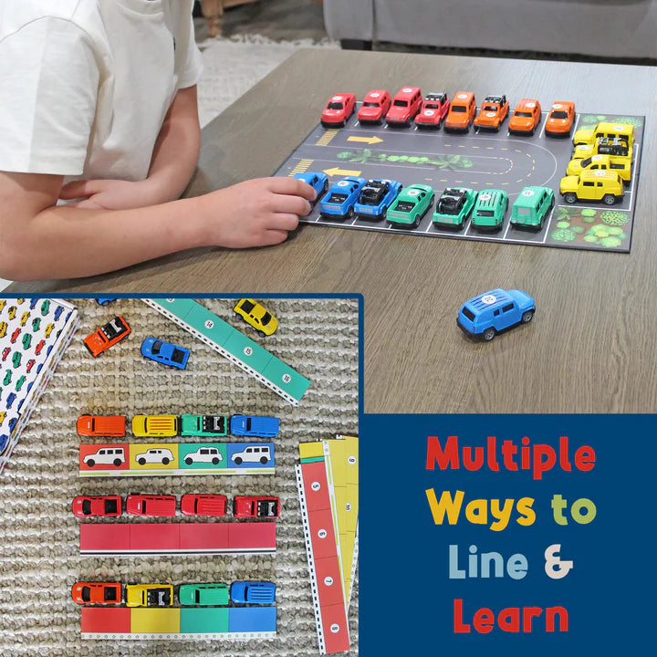 Child playing with multi color cars on parking lot board