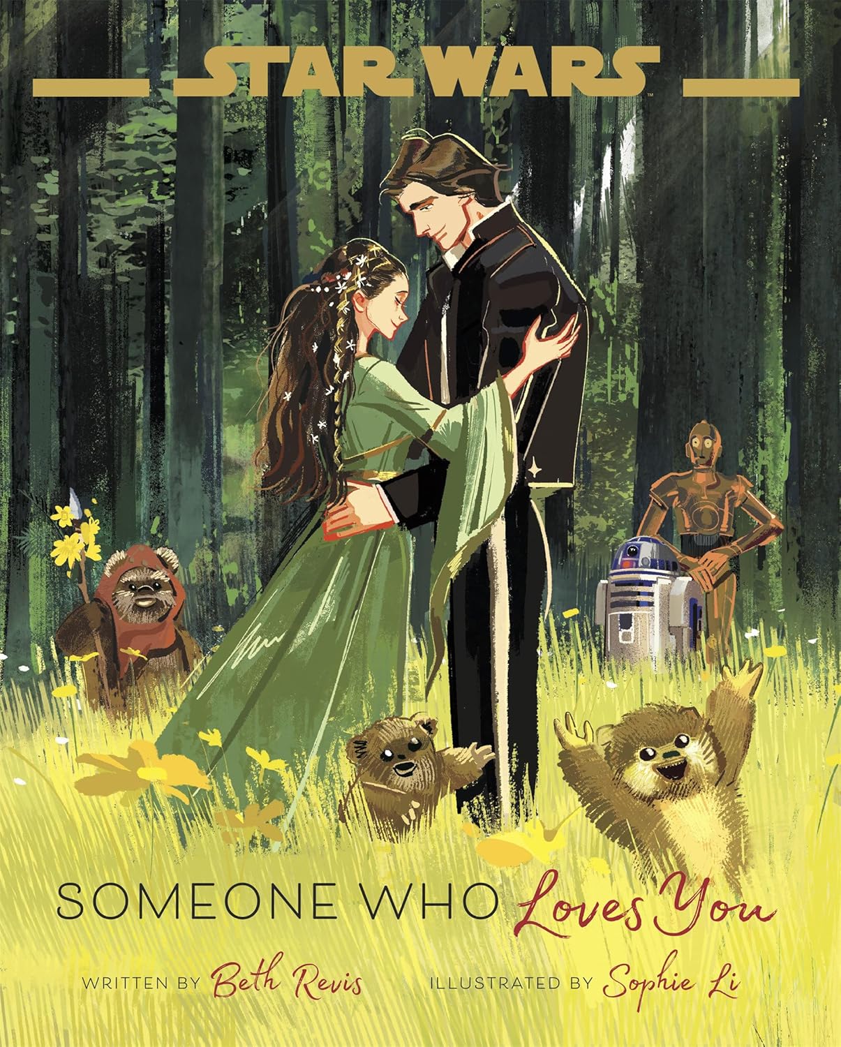 Han Solo and Princess Leia surrounded by Ewoks celebrating their love.