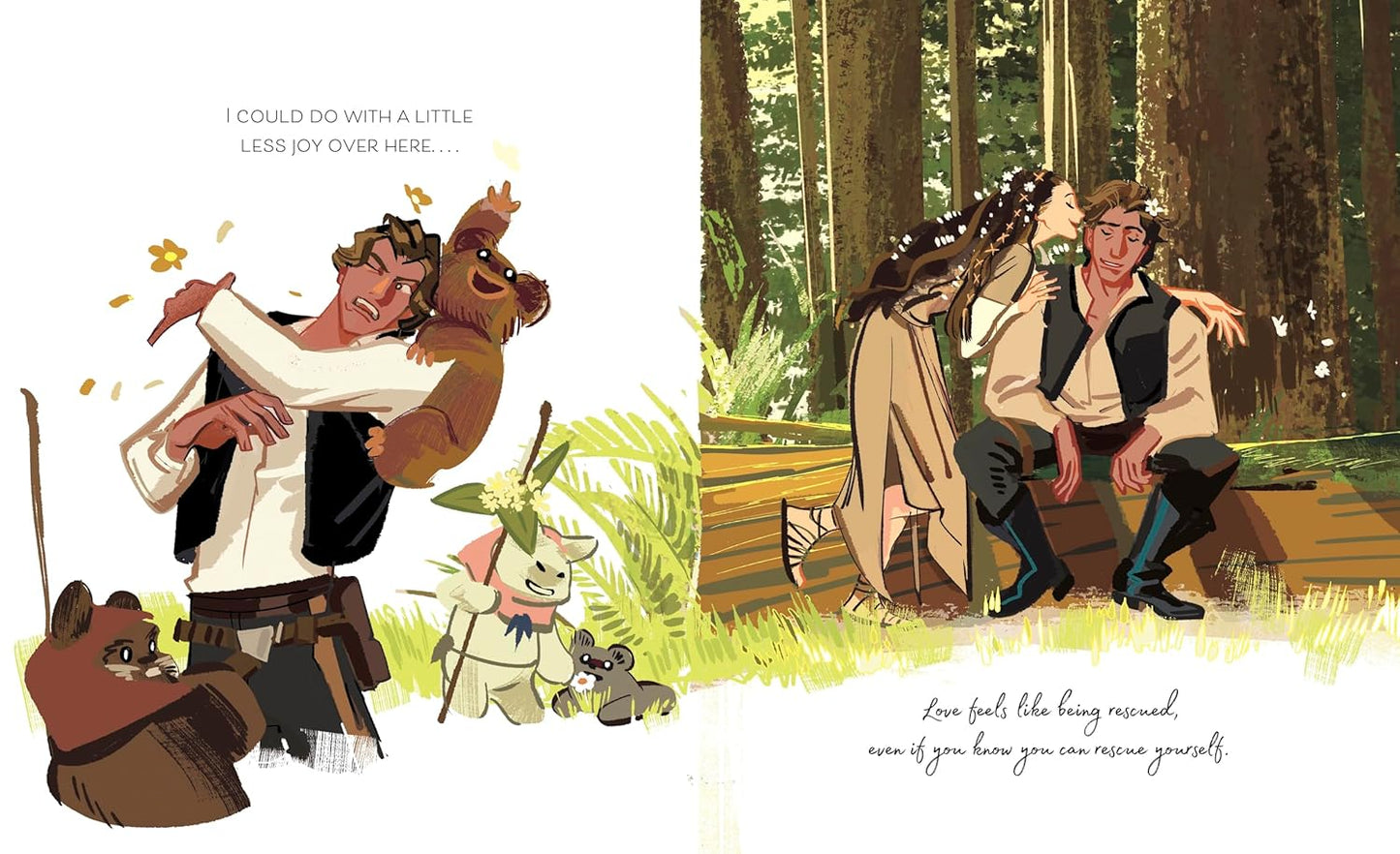 Ewoks jumping up on Han Solo and Princess Leia whispering in Han Solo's ear.