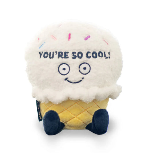 You're So Cool Plush, Ice cream cone shaped plush in the color of white and yellow, smiley face image and "You're so cool" on it