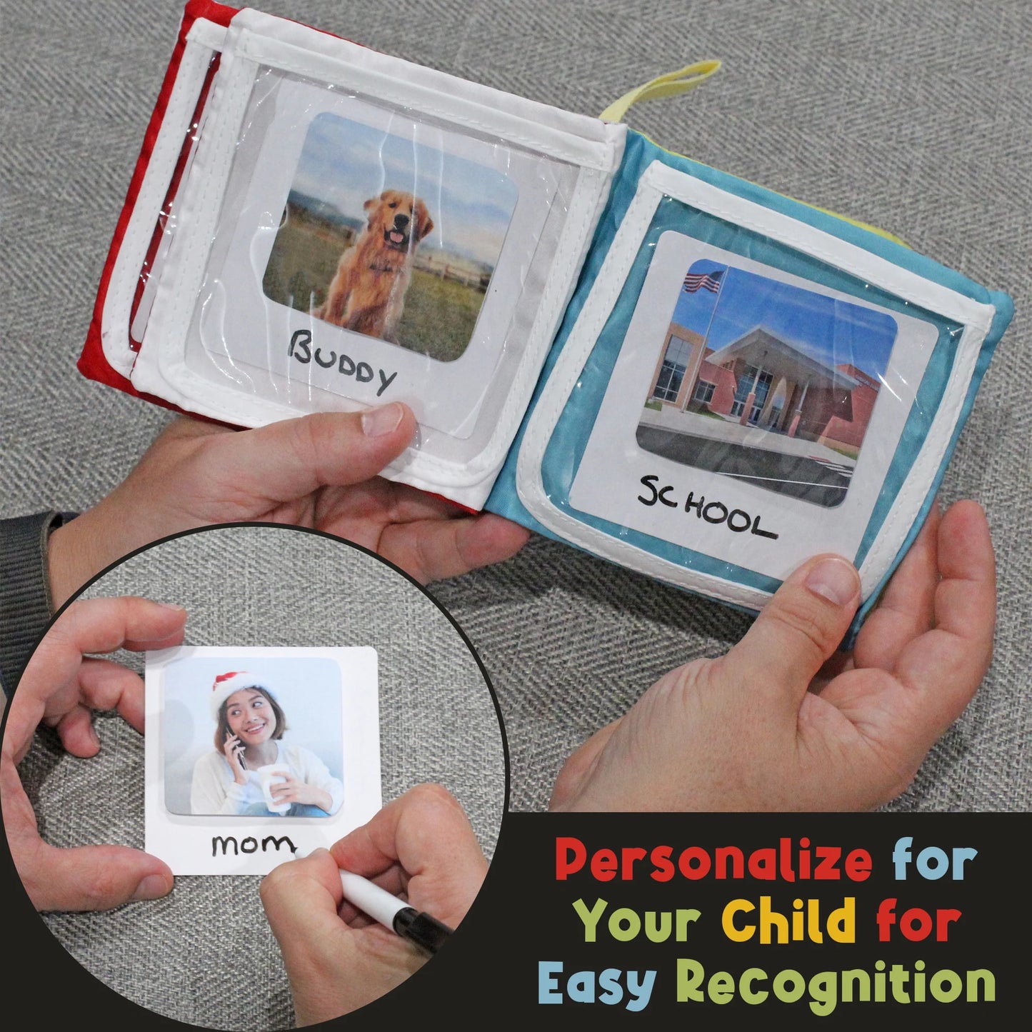 Travel booklet -  Picture of a dog on the left side and of a school on the right side of the booklet. Lower left photograph of a woman on the phone with someone writing "mom" on the picture.