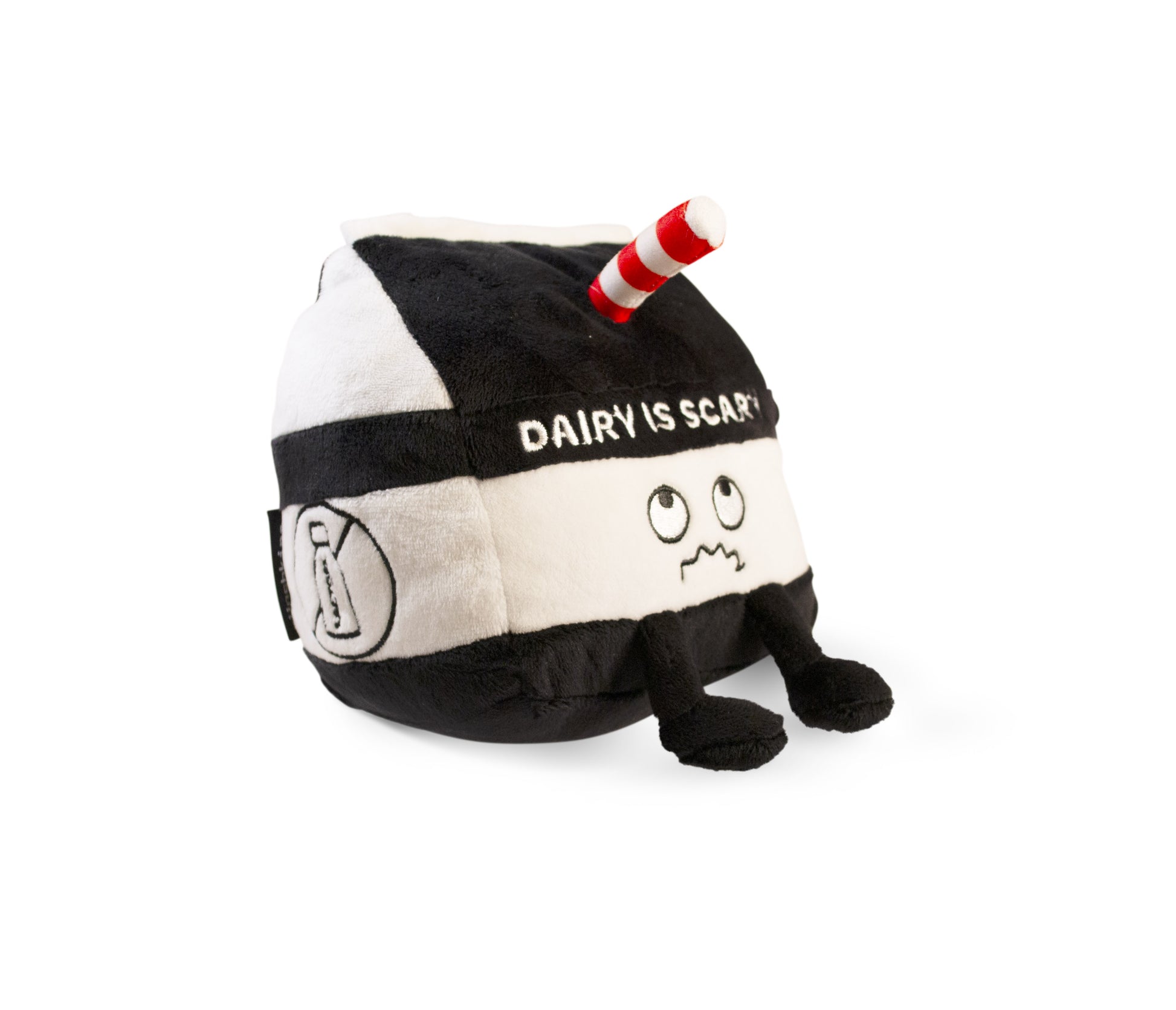  Lactose-intolerant plushie, Black and white milk carton shaped with a 3D straw with the words " Dairy is Scary"