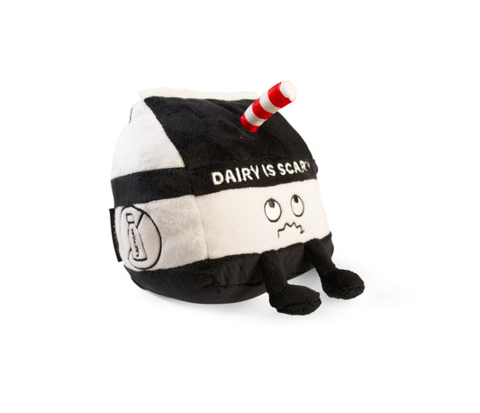  Lactose-intolerant plushie, Black and white milk carton shaped with a 3D straw with the words " Dairy is Scary"