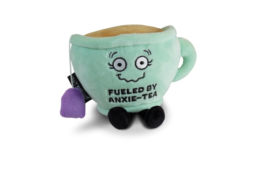A teal colored anxious faced teacup with the words Fueled By Anxie-Tea on it.