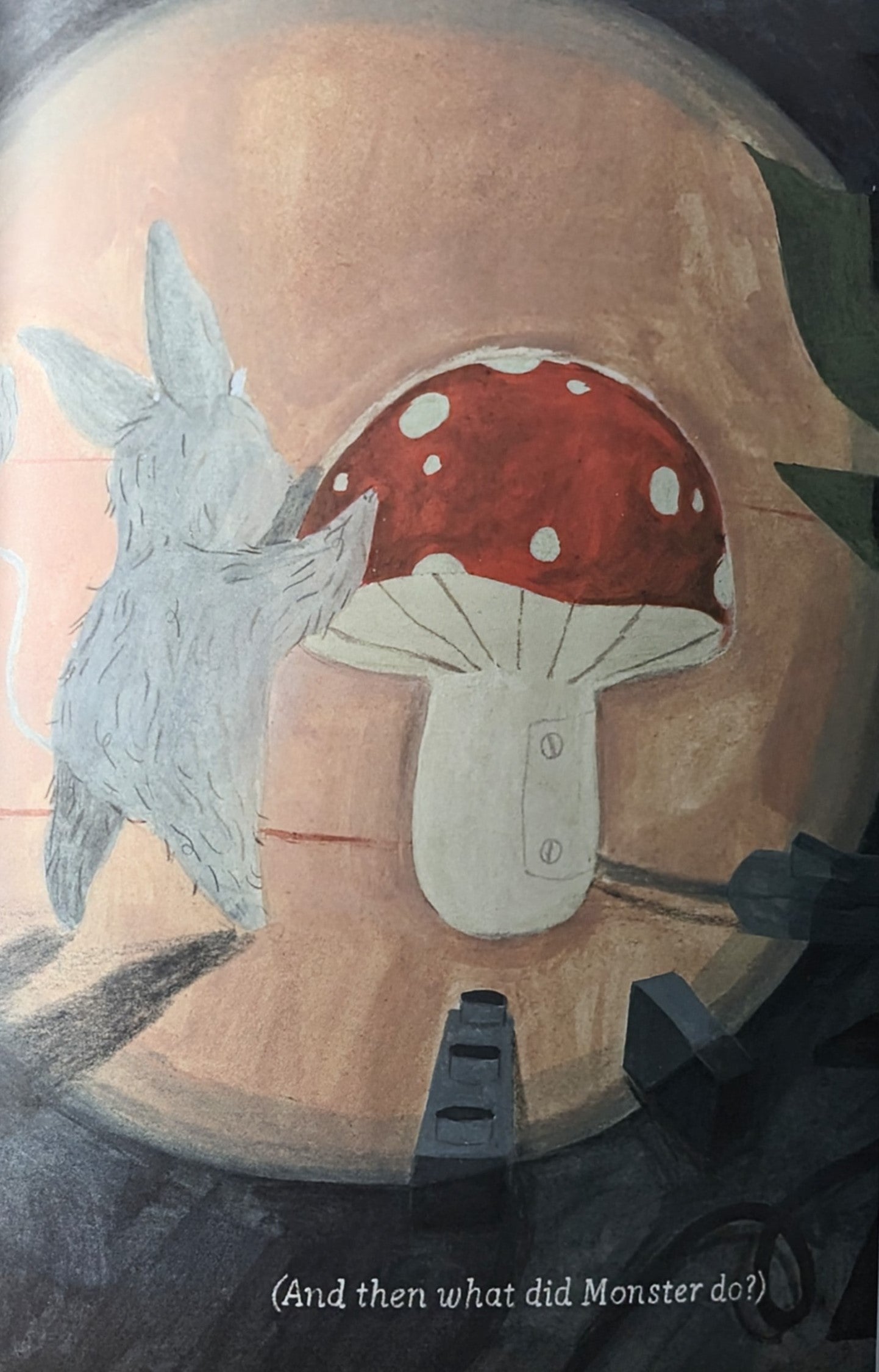 Image from storybook, Monster touching a mushroom shaped light, bottom of page reads "(And then what did Monster do?)"