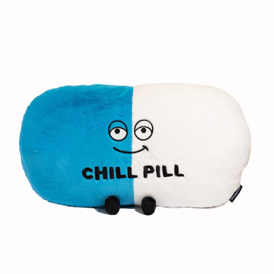 Chill Pill Plush Pillow, Plush pillow with the words "Chill Pill" on it, blue and white oblong shape, with cute smiley face image