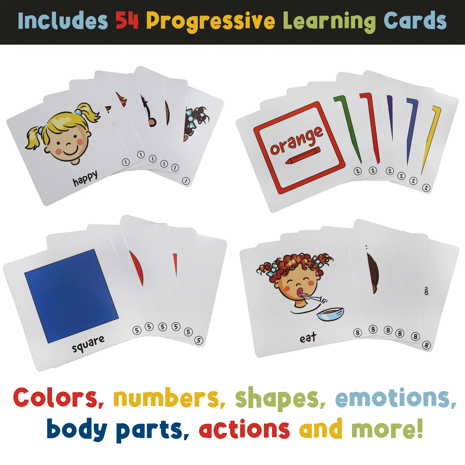 cards identifying shapes, colors emotions and daily task