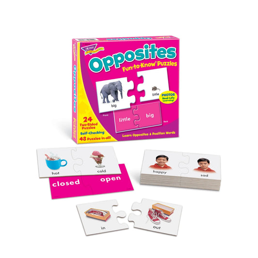 Box set showing pictures of opposite cards like hot and cold, hot chocolate , ice cream, picture of a boy happy and sad.