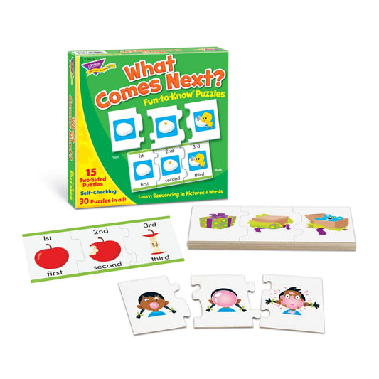 Two-sided puzzles showcasing picture sequences.  Images of apples, girl chewing bubble gum and a present being unwrapped.