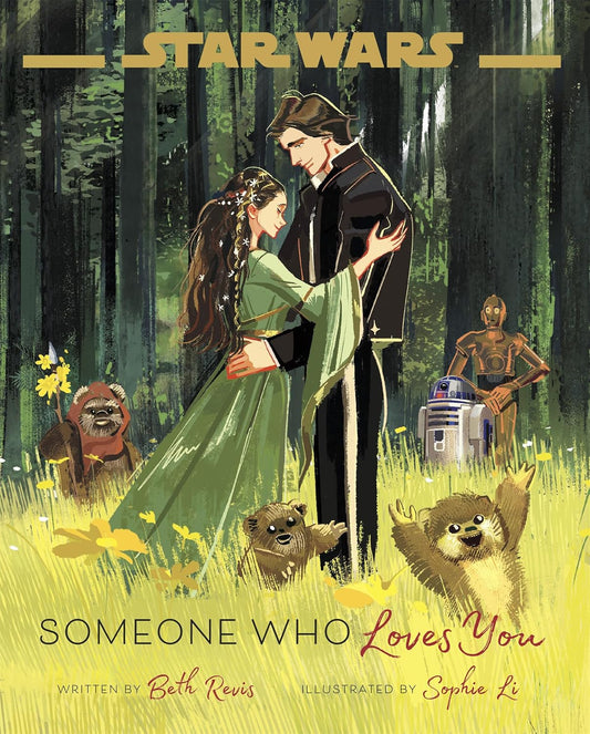 Han Solo and Princess Leia surrounded by Ewoks celebrating their love.