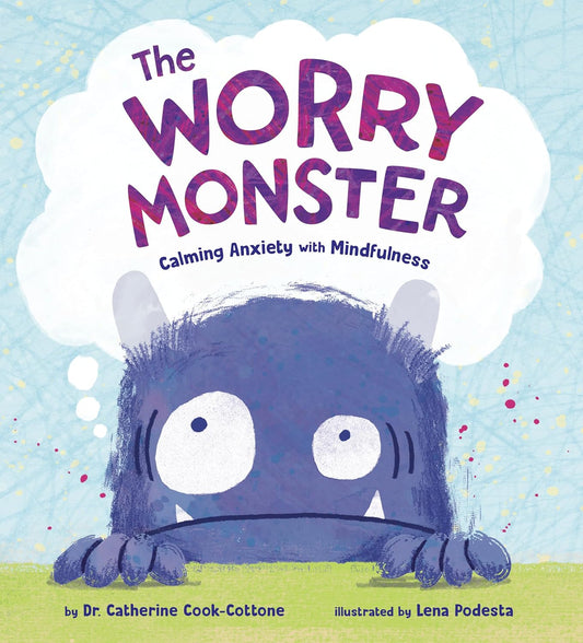 A cute blueberry colored monster with a worry face.