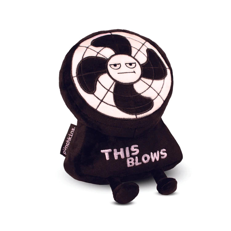 This Blows Plush, black & white fan shaped plush with an irritated face and the words "This Blows" on it