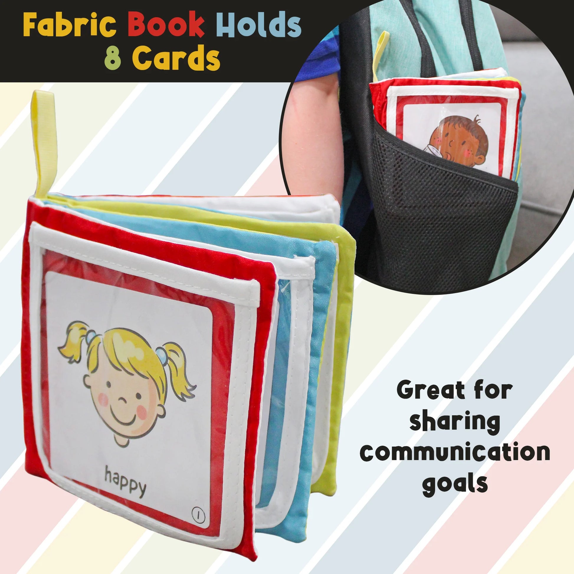 Booklet with image of a drawing of a blonde girl with the words happy. In the upper right corner booklet in child's pocket. Displaying how it is easy to travel with the booklet.