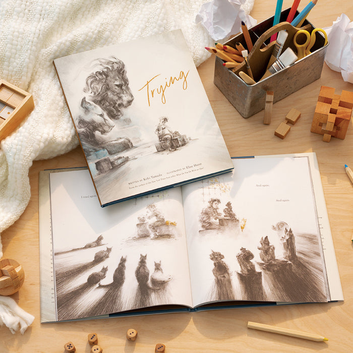 Image of desk with pencils and wooden objects, two "Trying" books are on desk. One showing the front cover, the other showing illustrations from inside the book