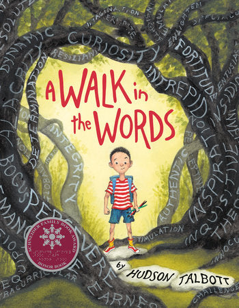 A young boy standing in the woods surrounded by words appearing all over the trees in the woods.