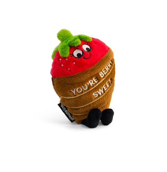 Chocolate Strawberry plush that reads You're Berry Sweet"