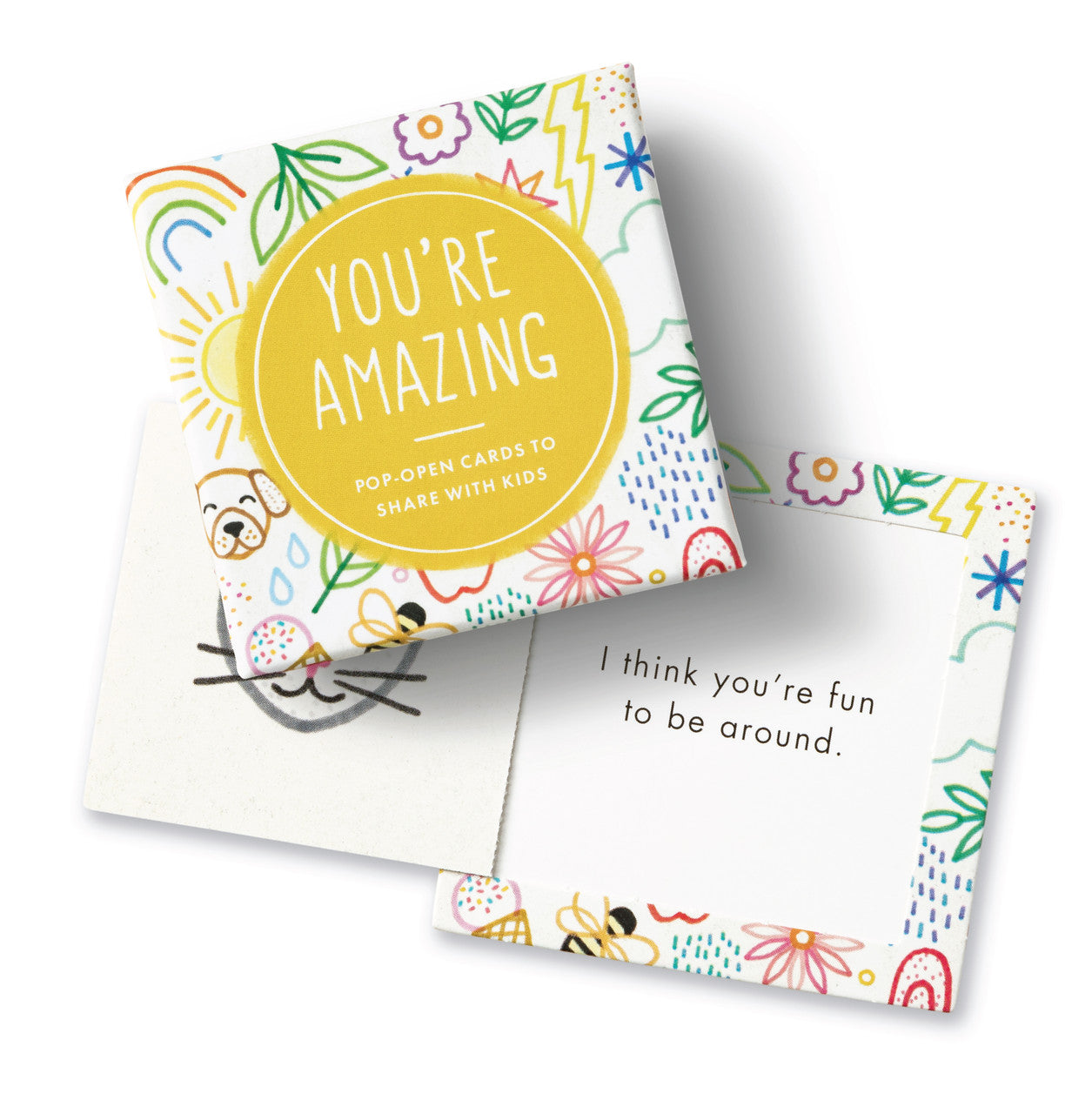 Thoughtfulls - You're Amazing, Box with cute images of flowers, close up of two cards that come inside box, image of cat on one card and other card that reads "I think you're fun to be around".